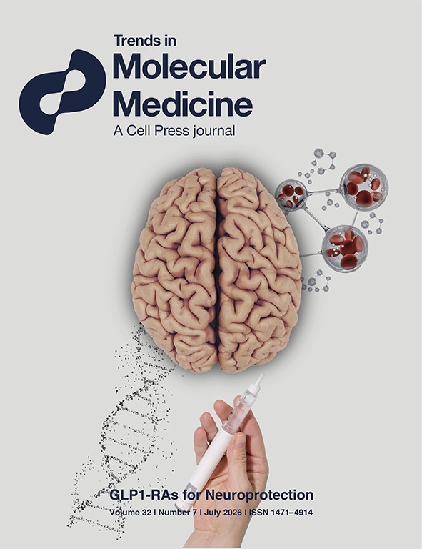 Trends in Molecular Medicine cover featuring a brain, blood biomarkers, DNA, and an injection device
